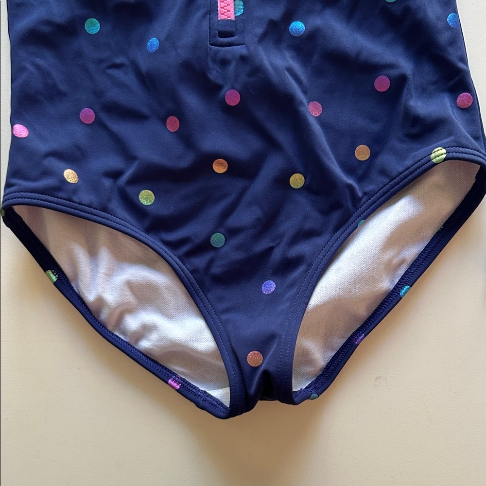 Girls Navy Polka Dot Long-Sleeve Rash Guard Swimsuit with Pink Zip - Picture 3 of 4